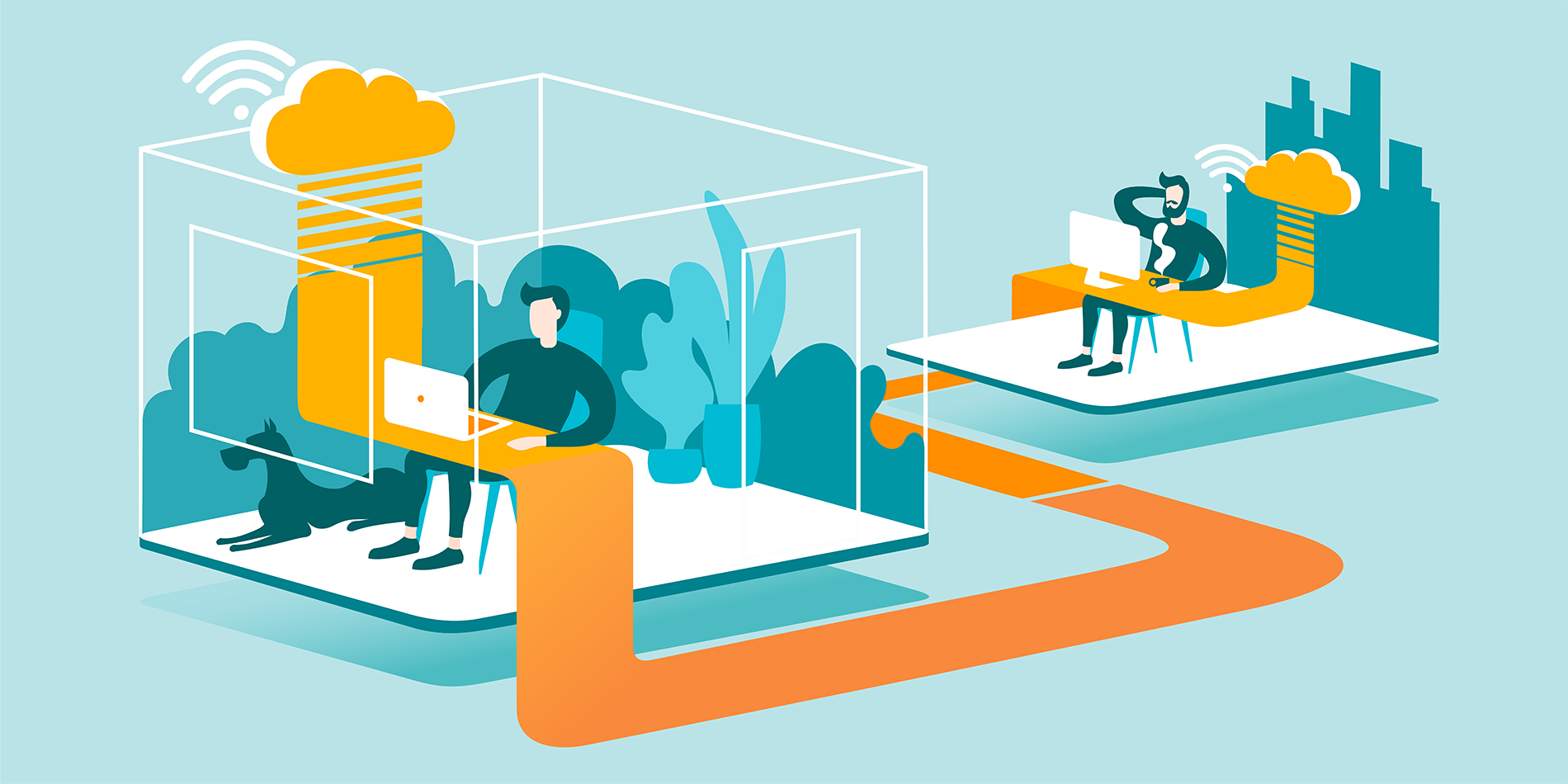 Isometric layout explaining the principle of remote work in the office through the cloud.