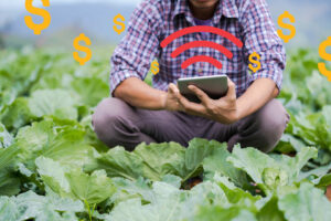farmer crouching in field with ipad